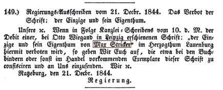 Herzogthum Lauenburg verbietet Max Stirners Buch